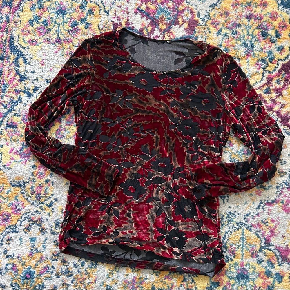90s Whimsigoth goth romatic velvet floral textured long sleeves top - Picture 3 of 4